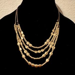 NWOT Lucky Brand 4-Strand Beaded Goldtone Necklace Leather Cord